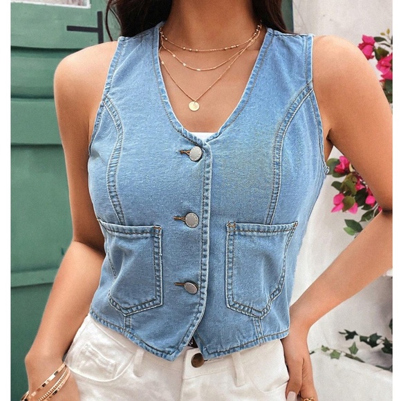Dark Wash Button up Denim Jean Crop Vest - Picture 2 of 11
